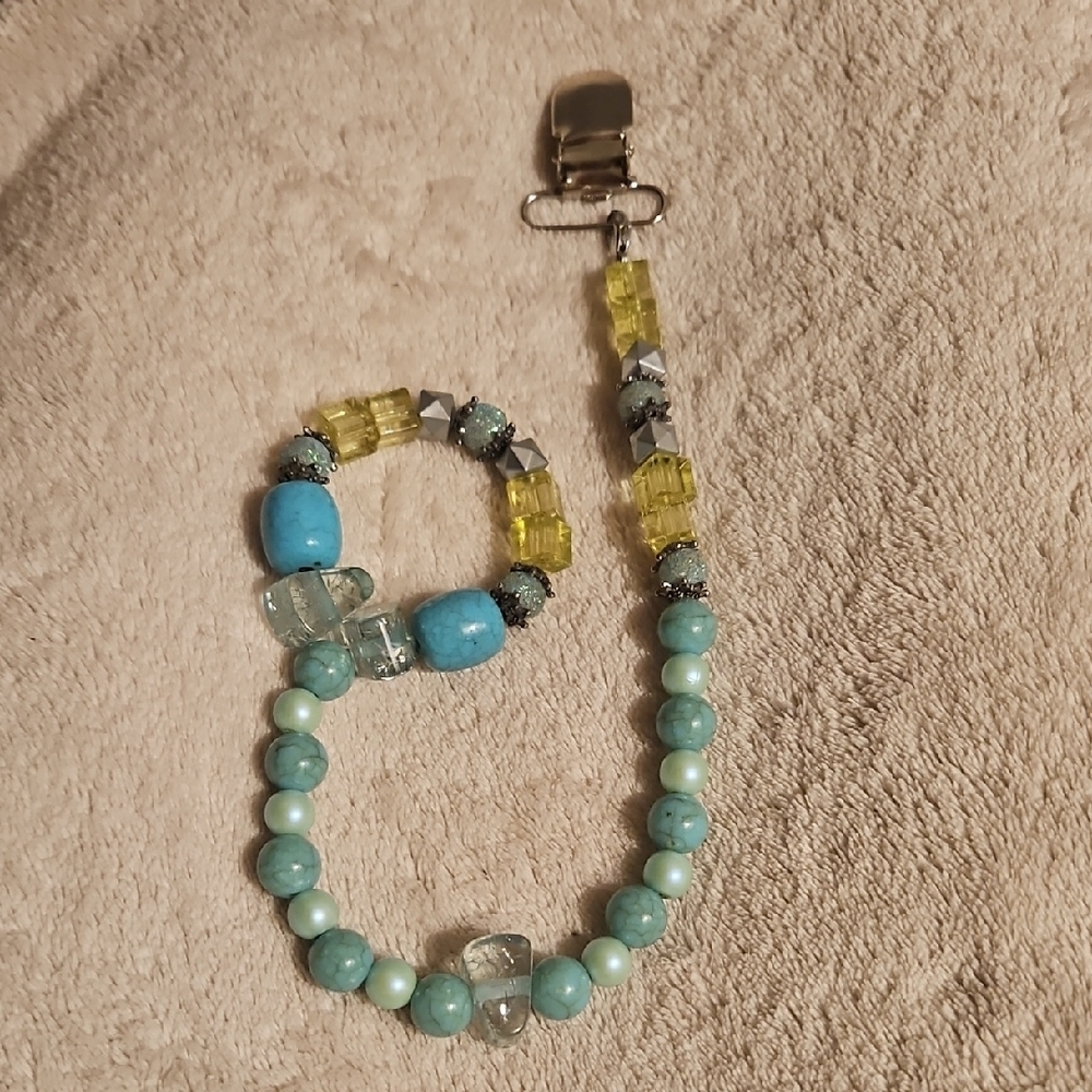 Handmade Lanyard Aqua Yellow Clear Acrylic Beads